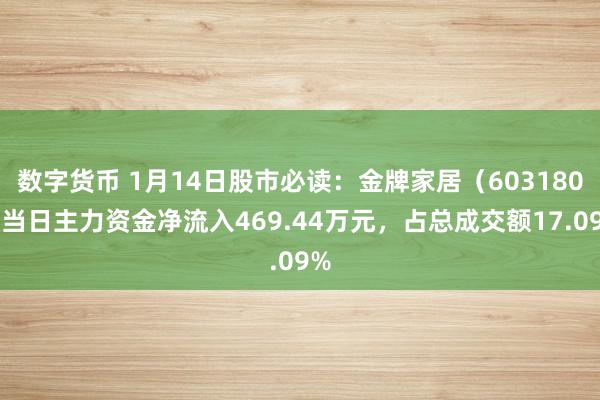 数字货币 1月14日股市必读：金牌家居（603180）当日主力资金净流入469.44万元，占总成交额17.09%