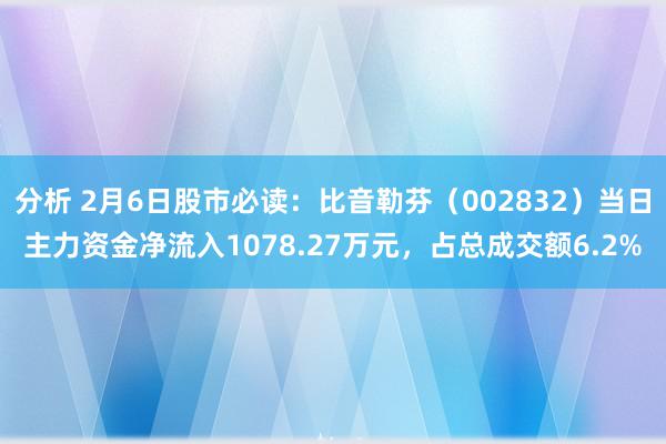 分析 2月6日股市必读：比音勒芬（002832）当日主力资金净流入1078.27万元，占总成交额6.2%