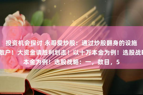 投资机会探讨 永哥爱炒股：通过炒股翻身的设施！只针对小资金散户！大资金请胜利划走！以十万本金为例！选股战略：一，数目，5